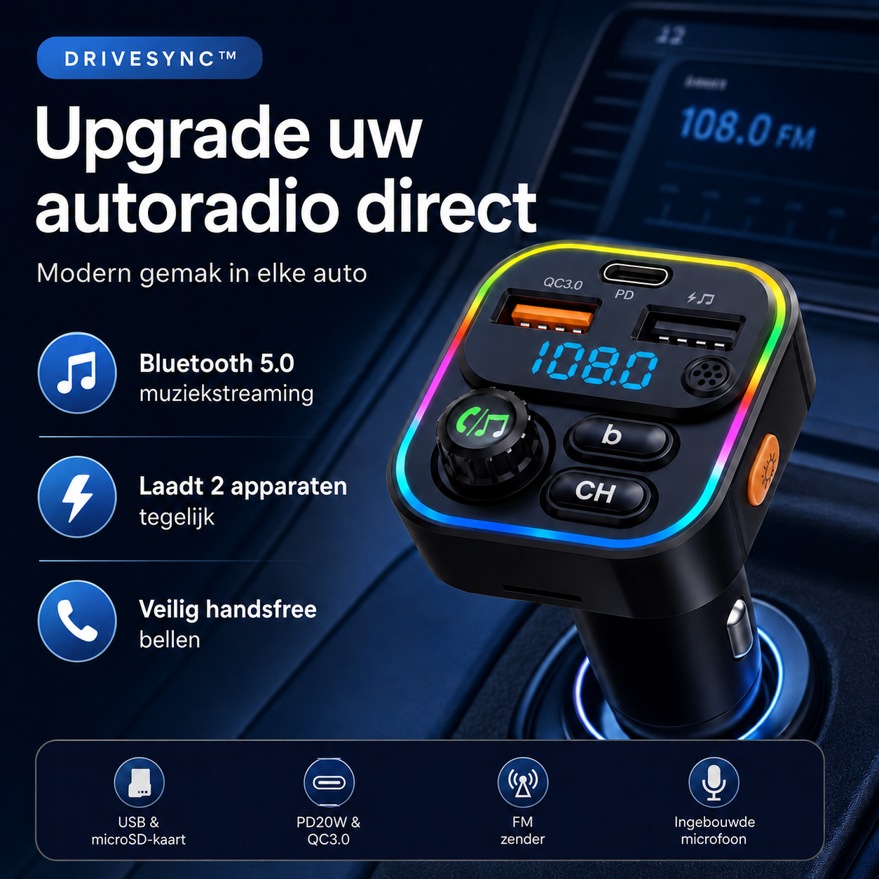 DriveSync™ | Muziek, handsfree bellen & snelladen in elke auto