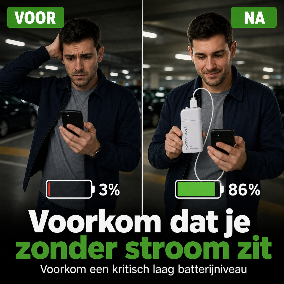 Noodoplader | Laad uw telefoon op zonder stroom of stopcontact | 1+1 gratis