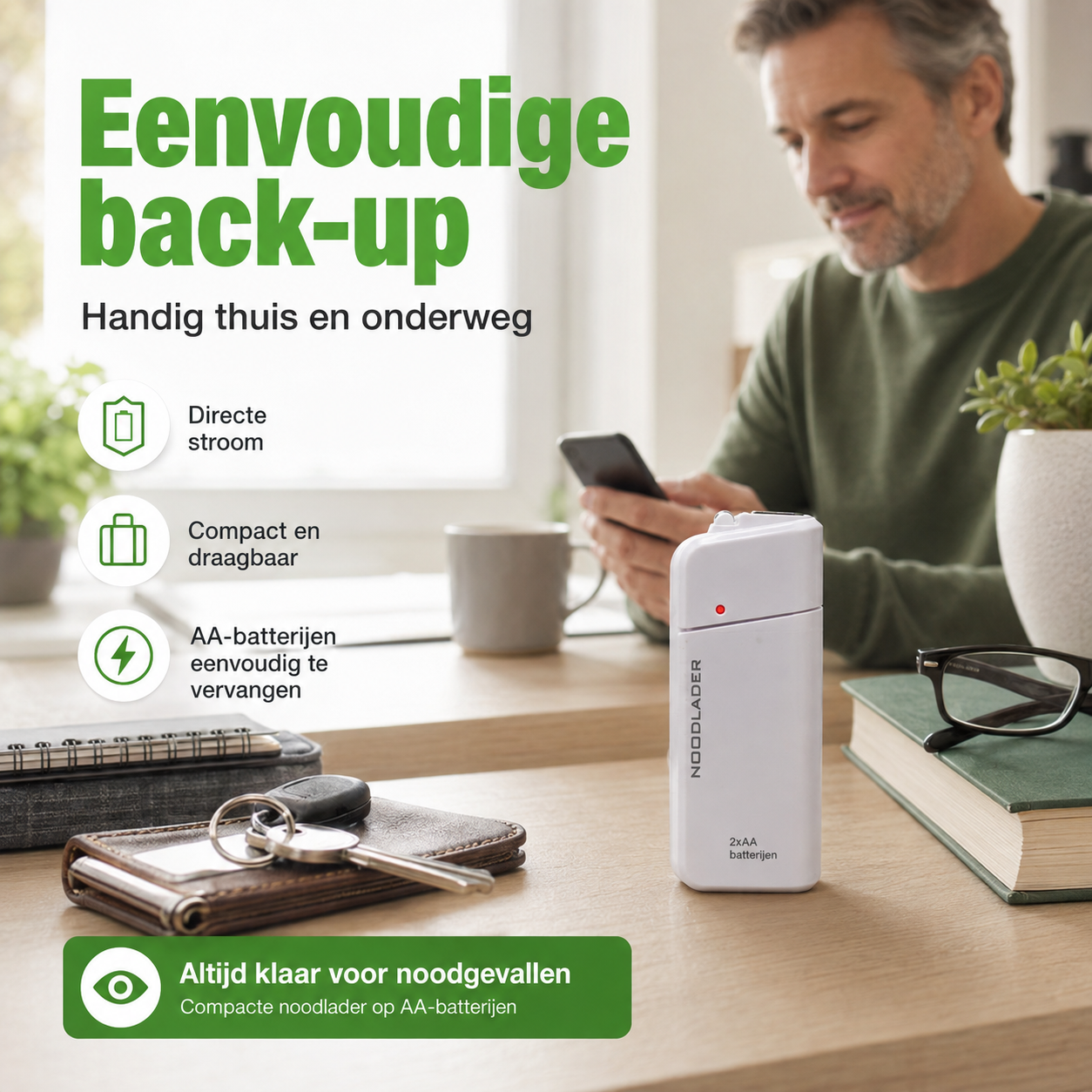 Noodoplader | Laad uw telefoon op zonder stroom of stopcontact | 1+1 gratis