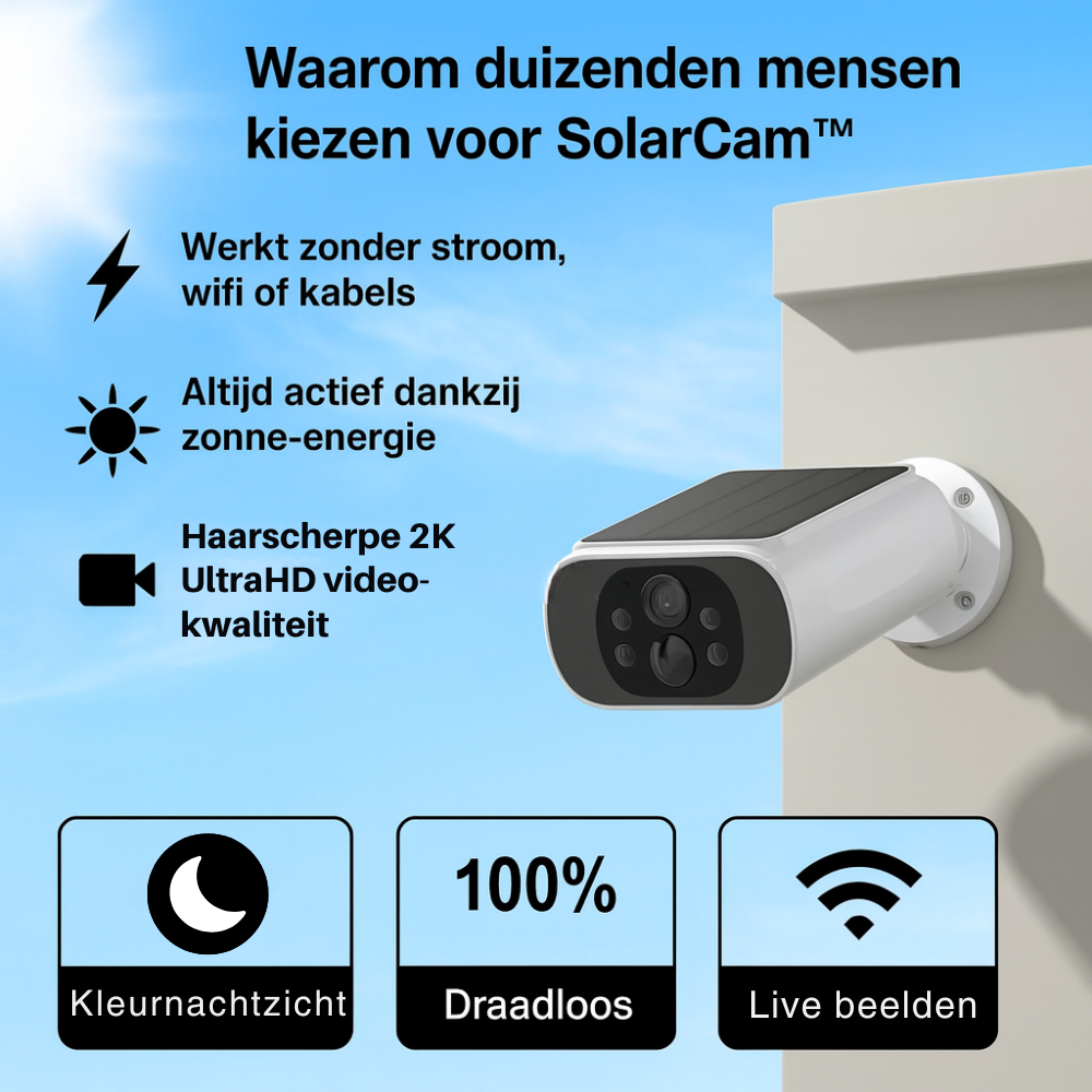 SolarCam™ | Altijd beveiligd, zonder stroom, zonder wifi en zonder kabels