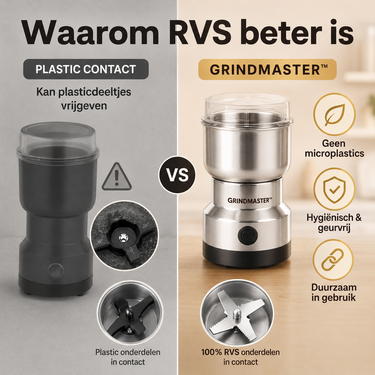 GrindMaster™ | De enige molen met onverwoestbaar RVS, zonder microplastic