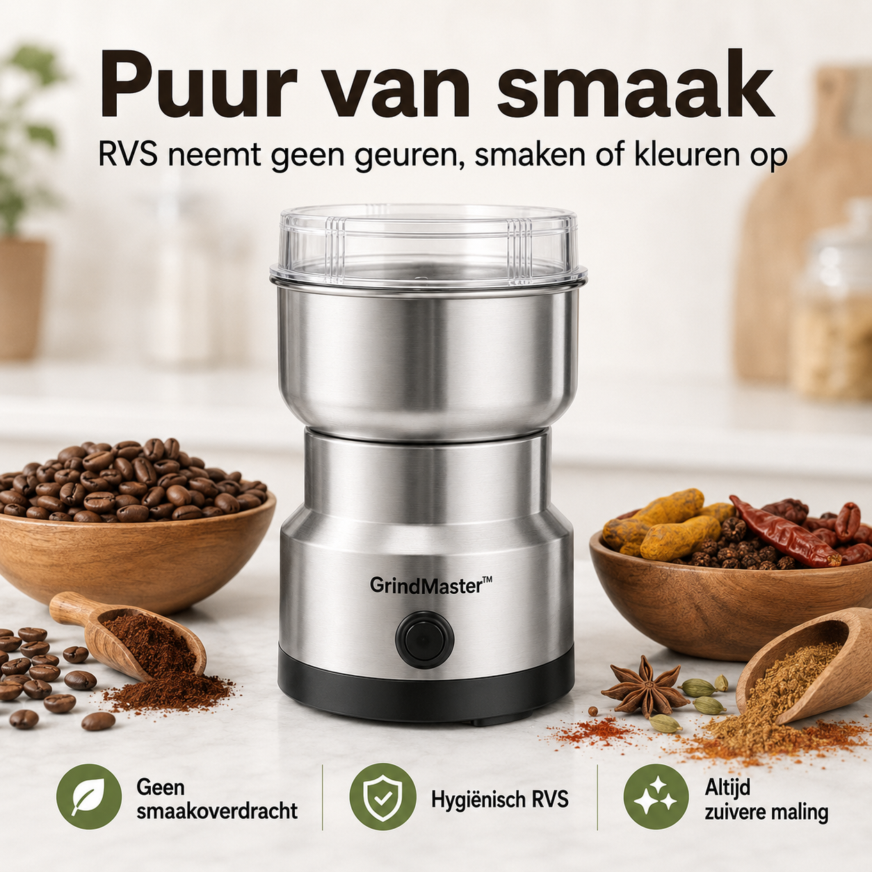 GrindMaster™ | De enige molen met onverwoestbaar RVS, zonder microplastic
