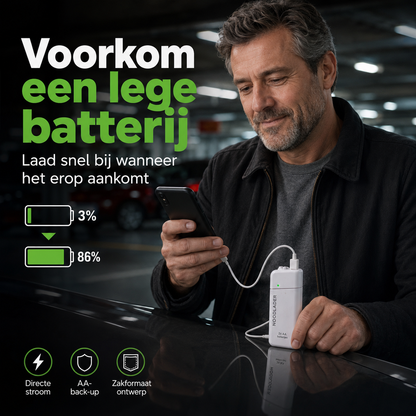 Noodoplader | Laad uw telefoon op zonder stroom of stopcontact | 1+1 gratis